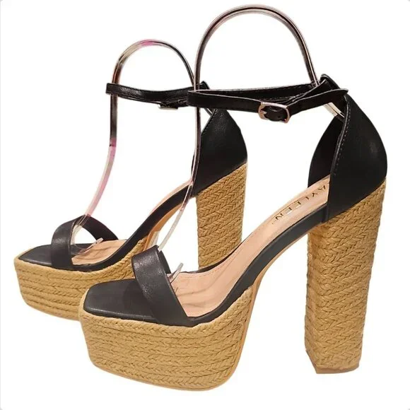 Black Platform High Heel Sandals With Woven Straw Sole & Ankle Strap Heel Chic - Picture 2 of 9